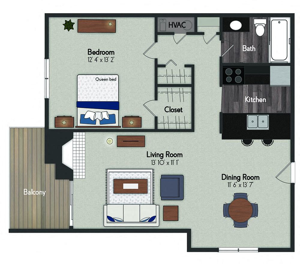 Floor plan for 1 bed, 1 bath, 695 sqft